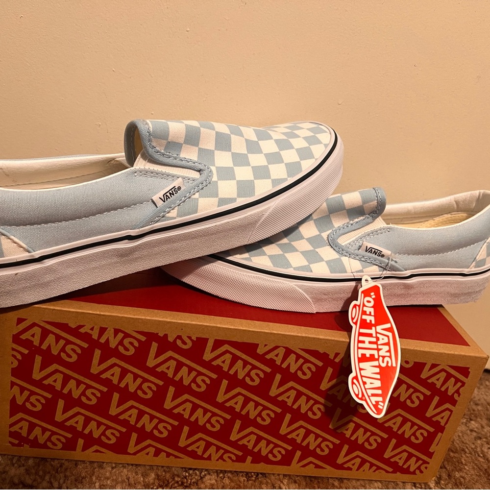 Vans Light Blue and White Checkered Slip-On Sneakers
